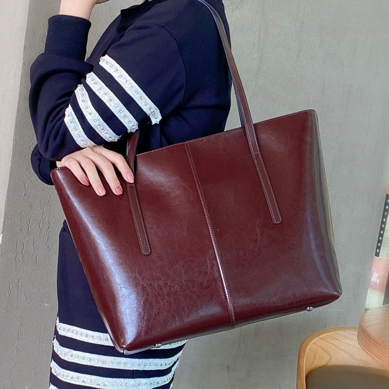 Women's Genuine Leather Simple Big Oil Wax Shoulder Bags
