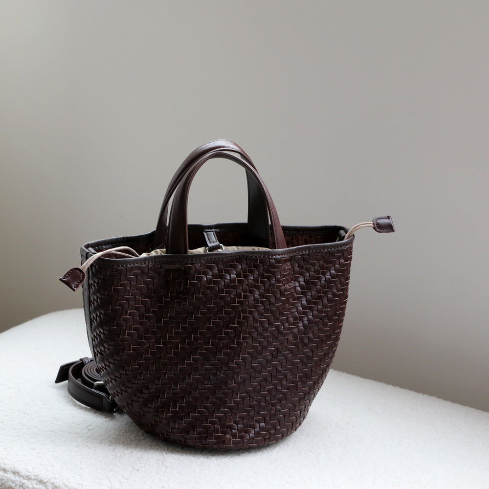 Women's Vegetable Tanning Leather Handmade Woven Basket Handbags