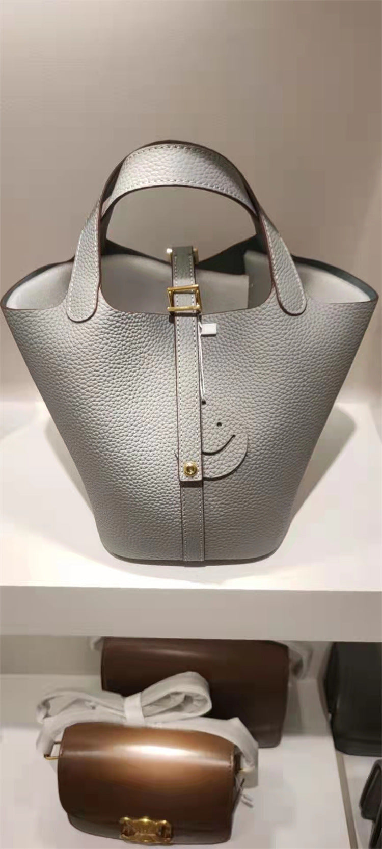 Vegetable Basket Layer Cowhide Lychee Pattern Handbags