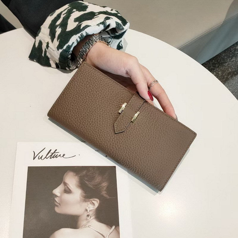 Women's Simple Cowhide Clutch Litchi Pattern Fashion Long Ladies Wallets