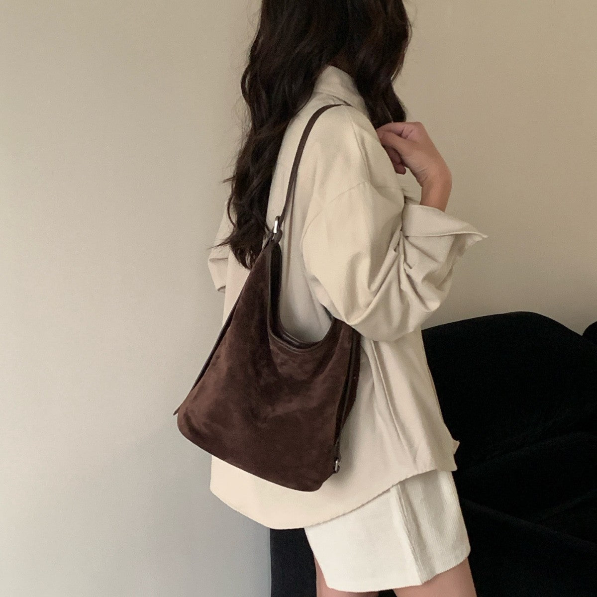 Women's Minimalist Style Niche Retro Suede Genuine Leather Shoulder Bags