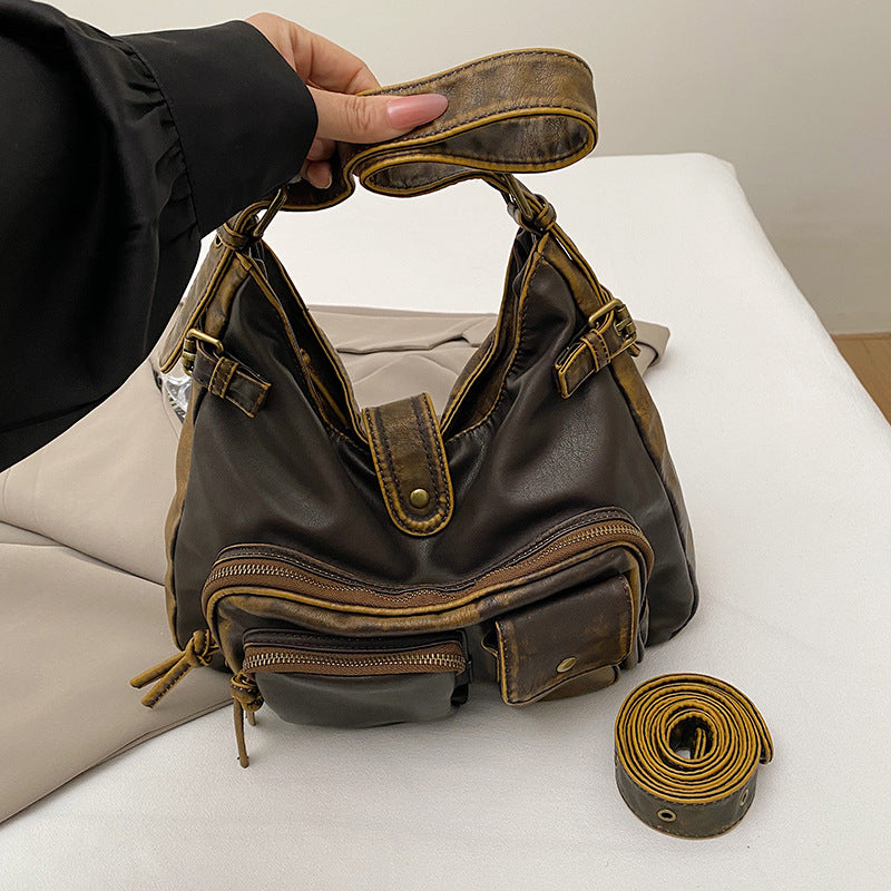 Female Retro Textured Washed Leather Oil Shoulder Bags