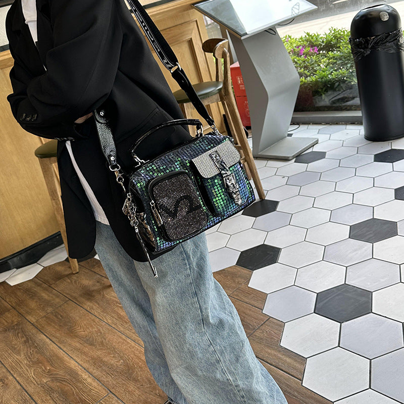 Women's Fashionable Rhinestone Contrast Color Crack Glossy Shoulder Bags