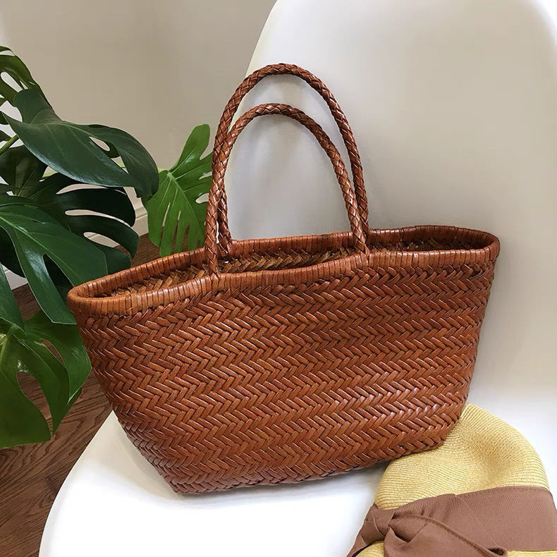 Women's French Style Vegetable Basket Cowhide Hand-woven Bags