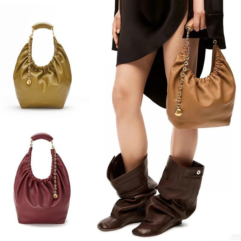 Pleated Soft Cowhide Underarm Chain Genuine Crossbody Bags