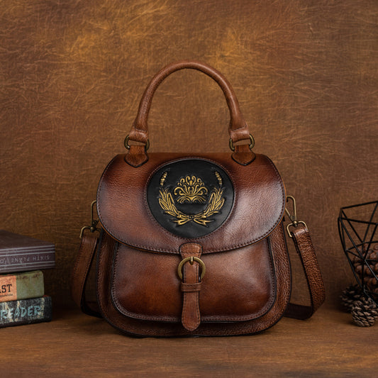 Women's Retro Cow Leather Chinese Style Embossed Backpacks
