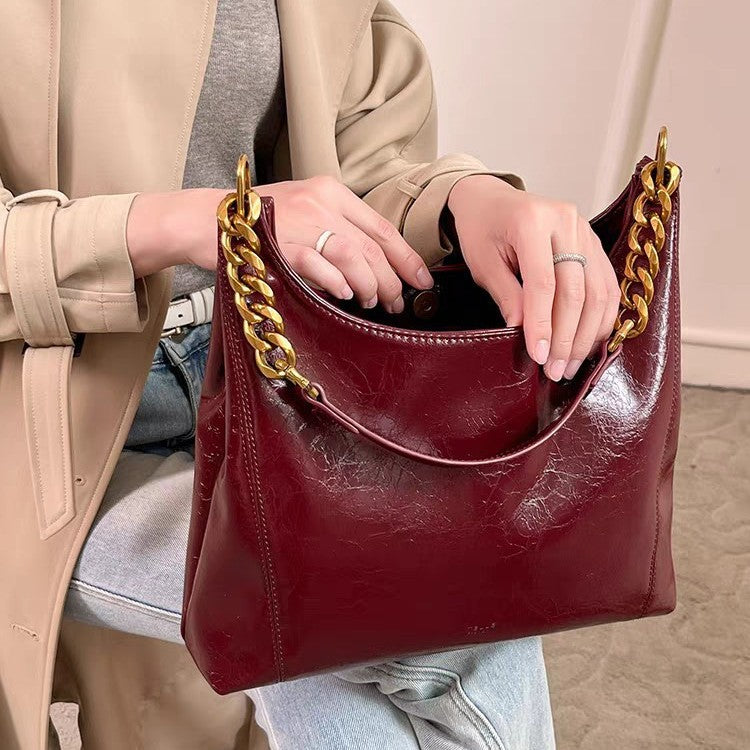 Women's Red High-grade Bright Leather Bridal Underarm Shoulder Bags