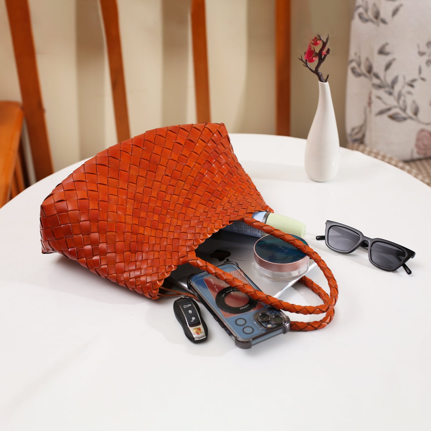 French Style Basket Cowhide Woven Vintage Large Bags