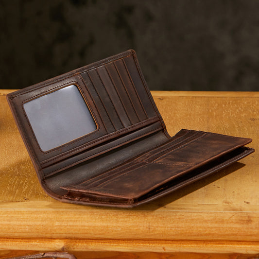 Men's Leather For Man Long Cowhide Two Fold Crazy Horse Men's Wallets
