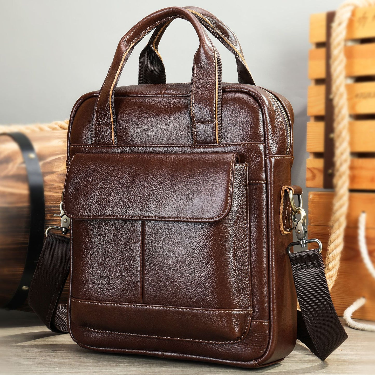 Men's First Layer Cowhide Portable Vertical Business Shoulder Bags