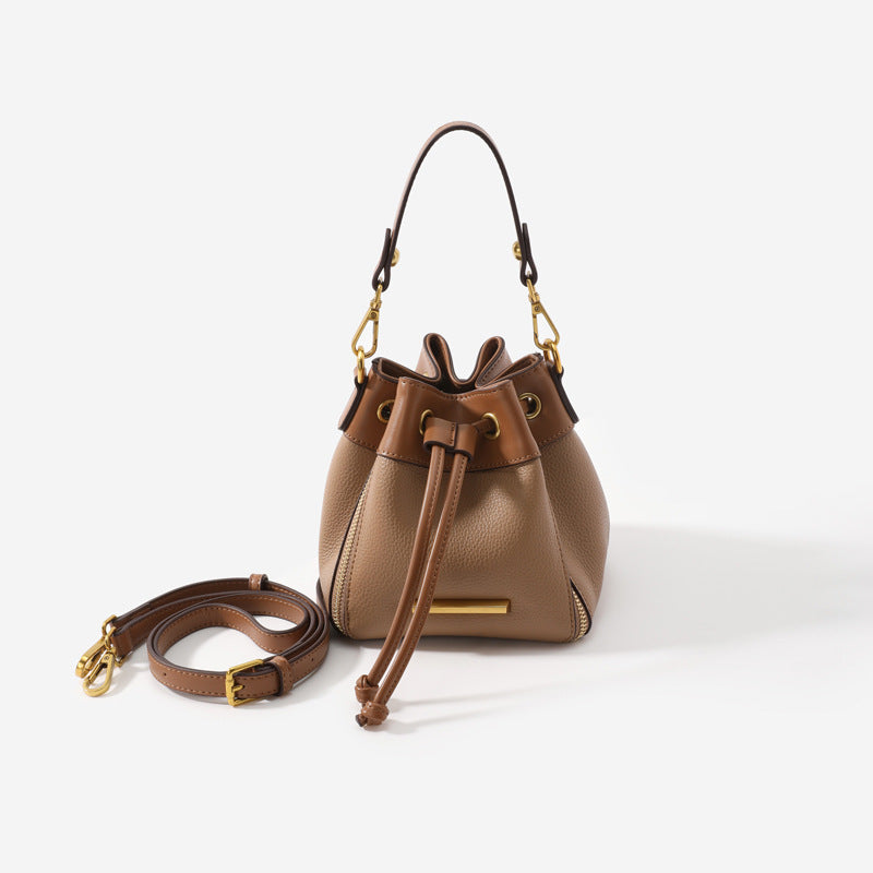Women's Niche Mini Drawstring Contrast Color Genuine Crossbody Bags