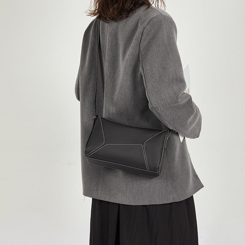 Authentic Leather Tactile Feel First Layer Cowhide Geometric Stitching Crossbody Bags