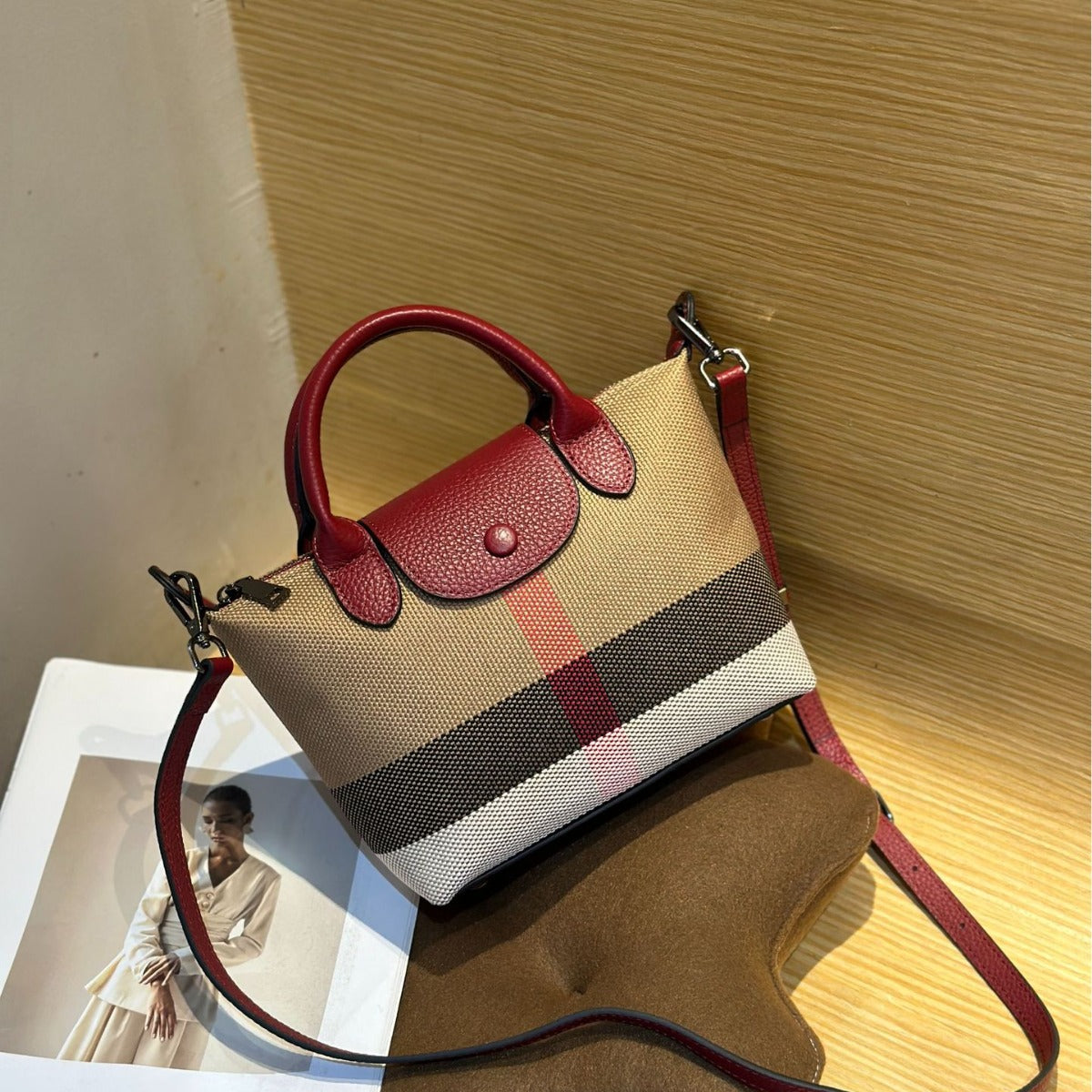 Women's Portable Plaid Contrast Color Cowhide Crossbody Bags