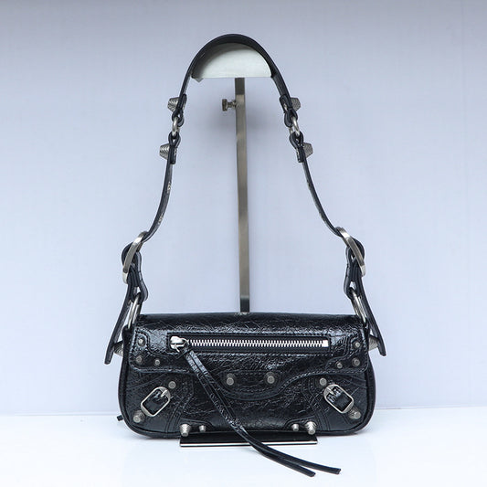 Women's Motorcycle Dark Rivet Baguette Genuine Leather Bags