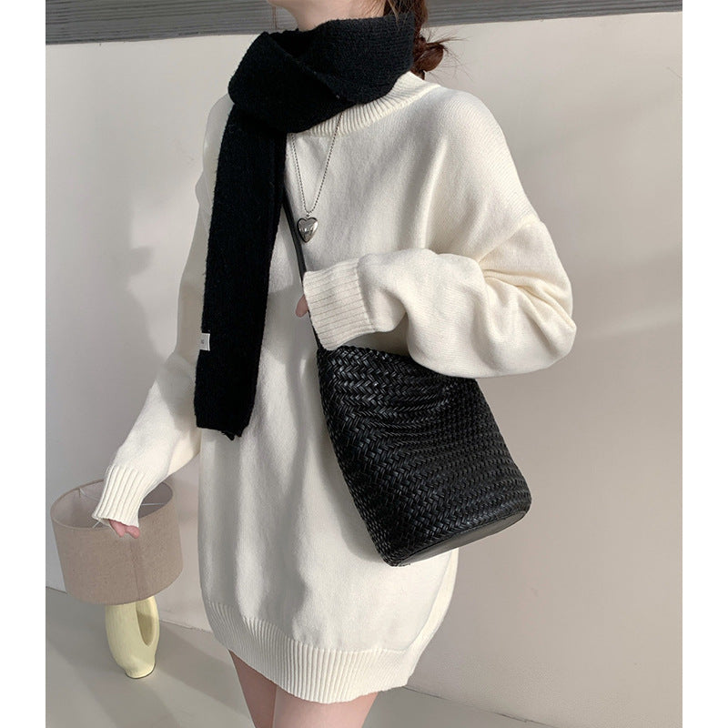 Women's Niche Cowhide Woven Commute Genuine Leather Large Crossbody Bags