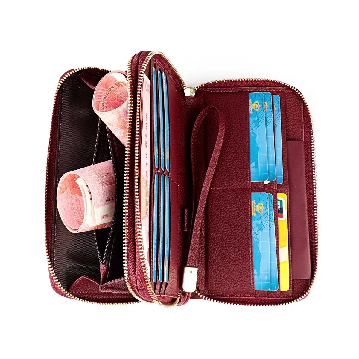 Women's Double Zipper Genuine Leather Clutch Long Ladies Wallets