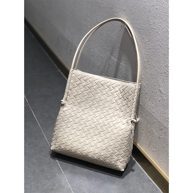 Women's Cowhide Woven Korean Fashionable With Large Shoulder Bags