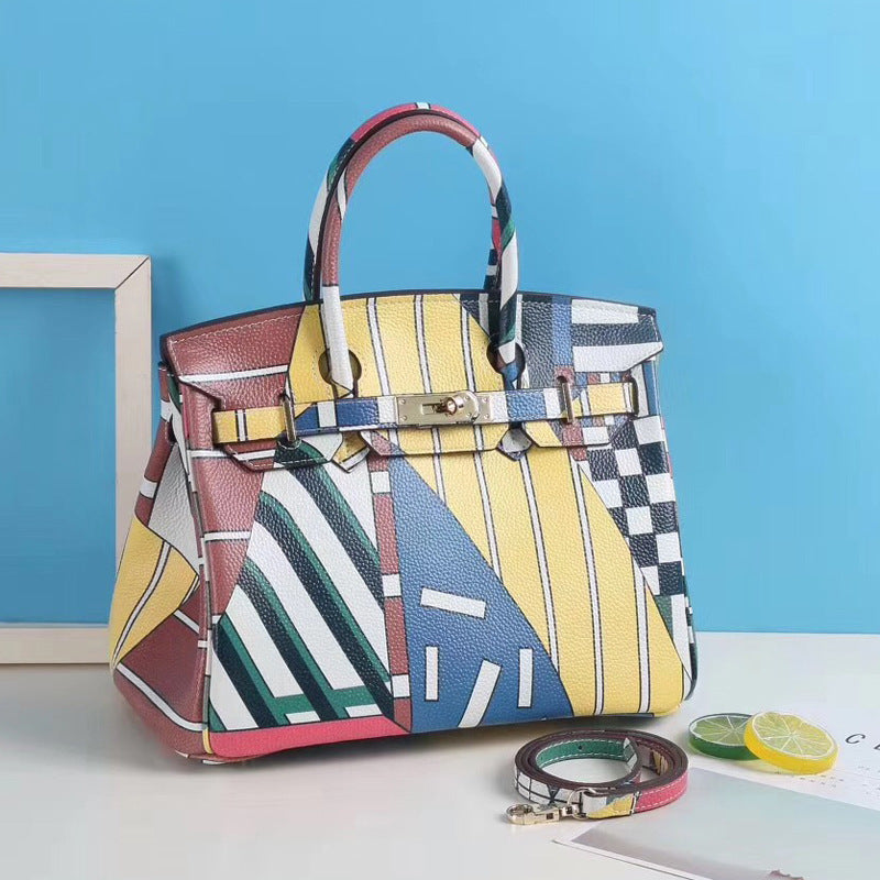 Women's Pattern Printing Fashion First Layer Cowhide Handbags