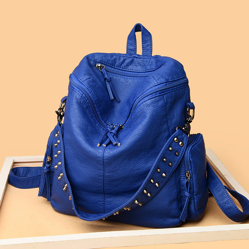 Women's Summer Washed Leather Studded Trendy Simple Backpacks