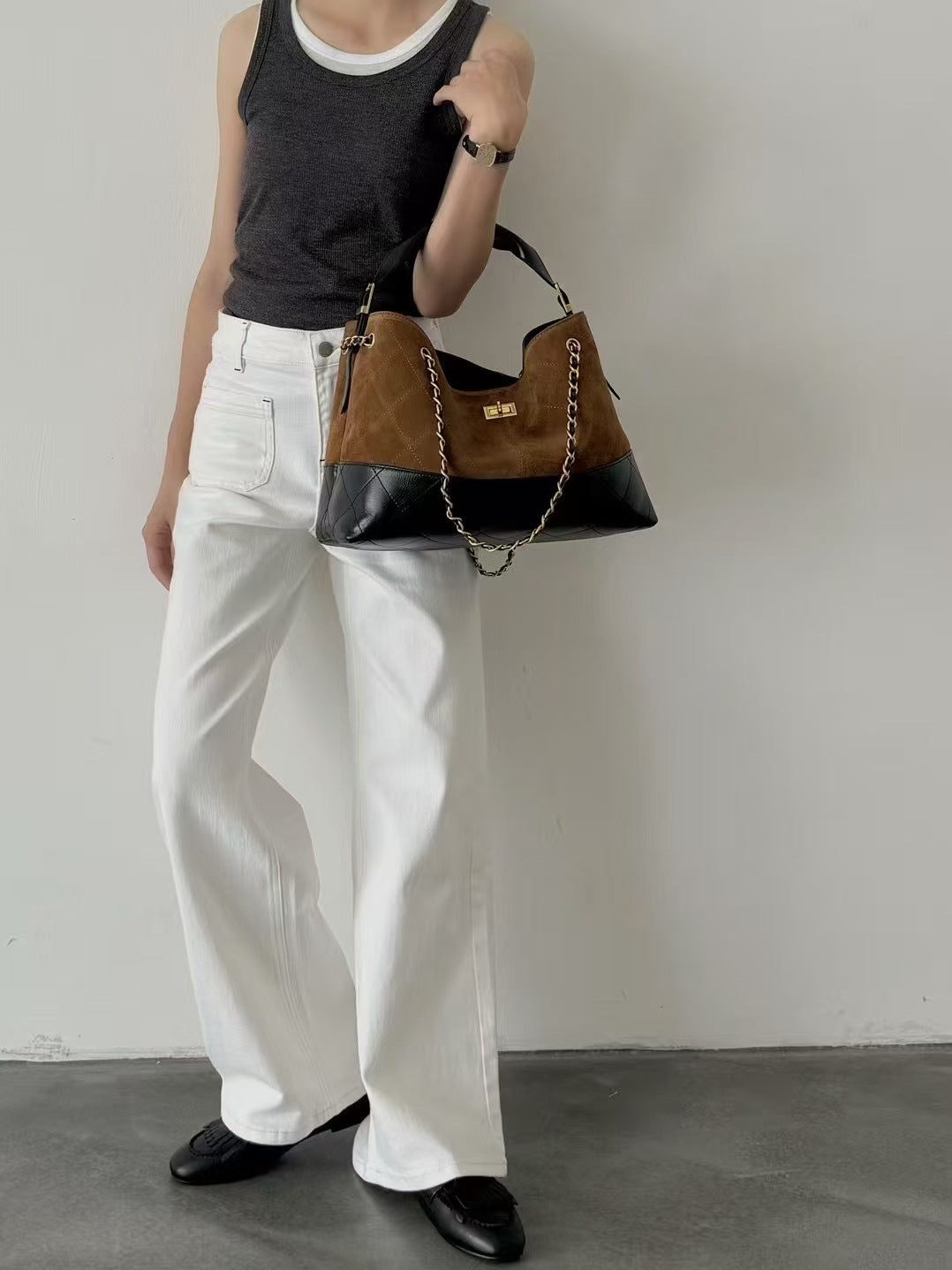 Classic Style Suede Color Matching Underarm Diamond Tote Bags