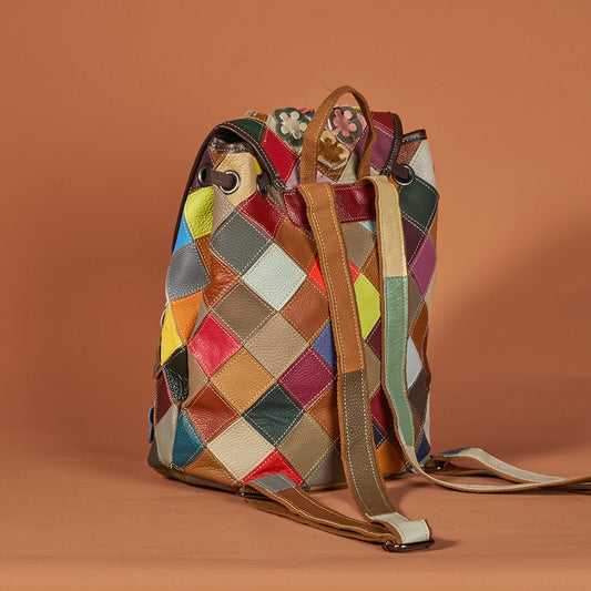 Women's Retro Cow Leather Flower Color Backpacks