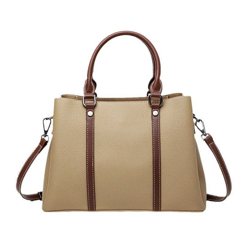 Women's Large Capacity Contrast Color First Layer Cowhide Handbags