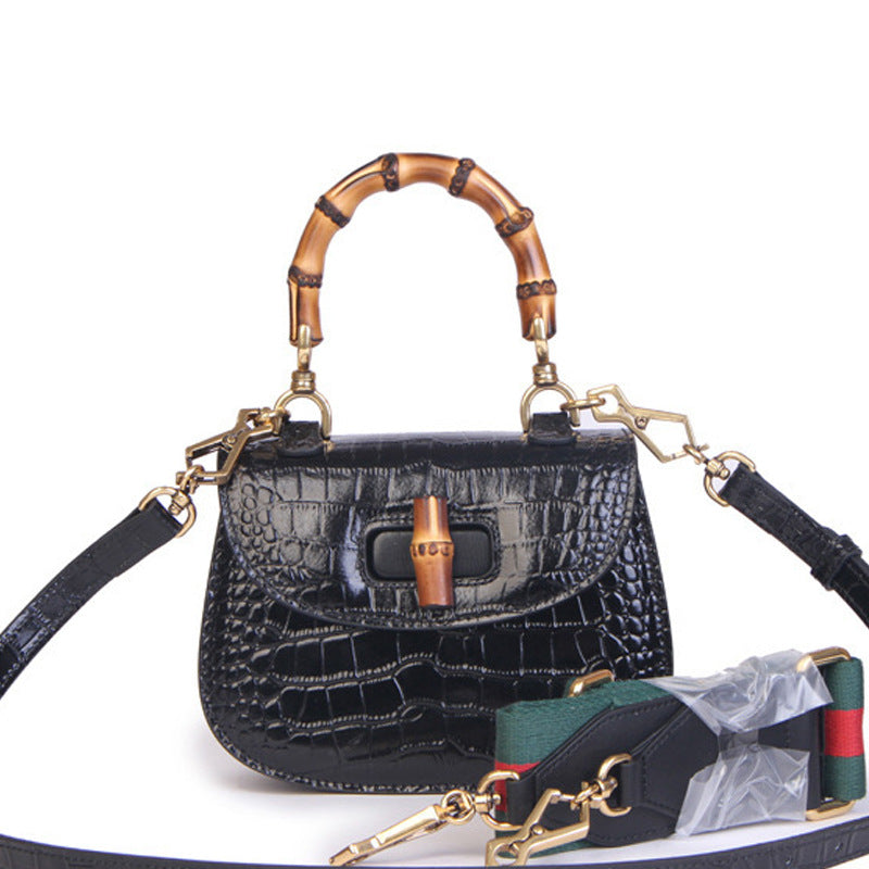 Women's Bamboo Retro Textured Genuine Leather Home Shoulder Bags