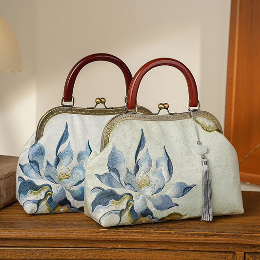 Lotus Flower Embroidered Ancient Style Cheongsam Banquet Bamboo Handbags