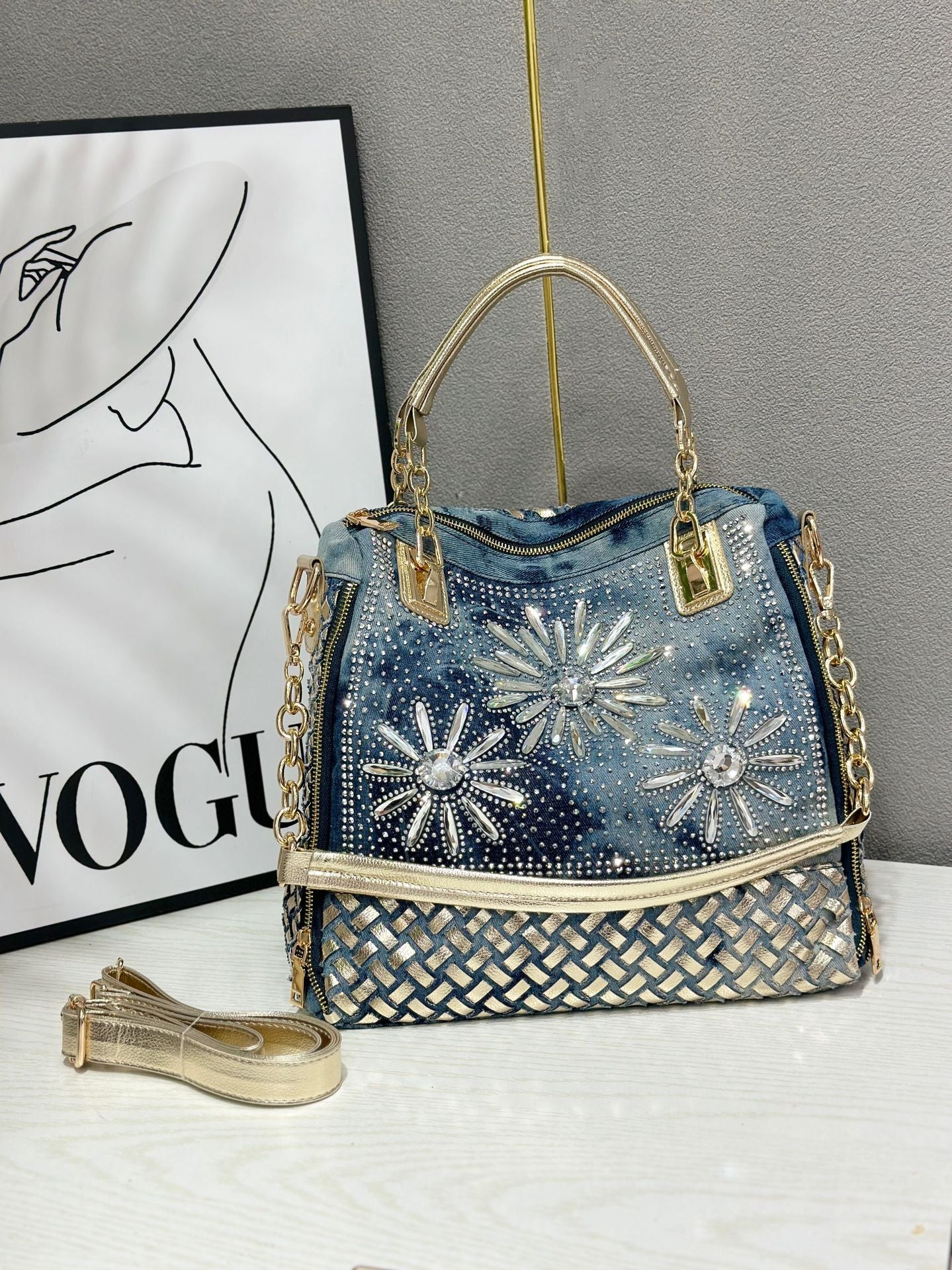 Women's Fashion Rhinestone Diamond Jean Woven Shoulder Bags