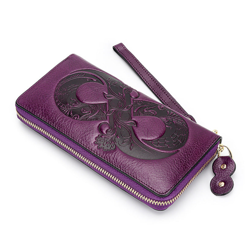 Women's Wax First Layer Cowhide Zipper Large Ladies Wallets