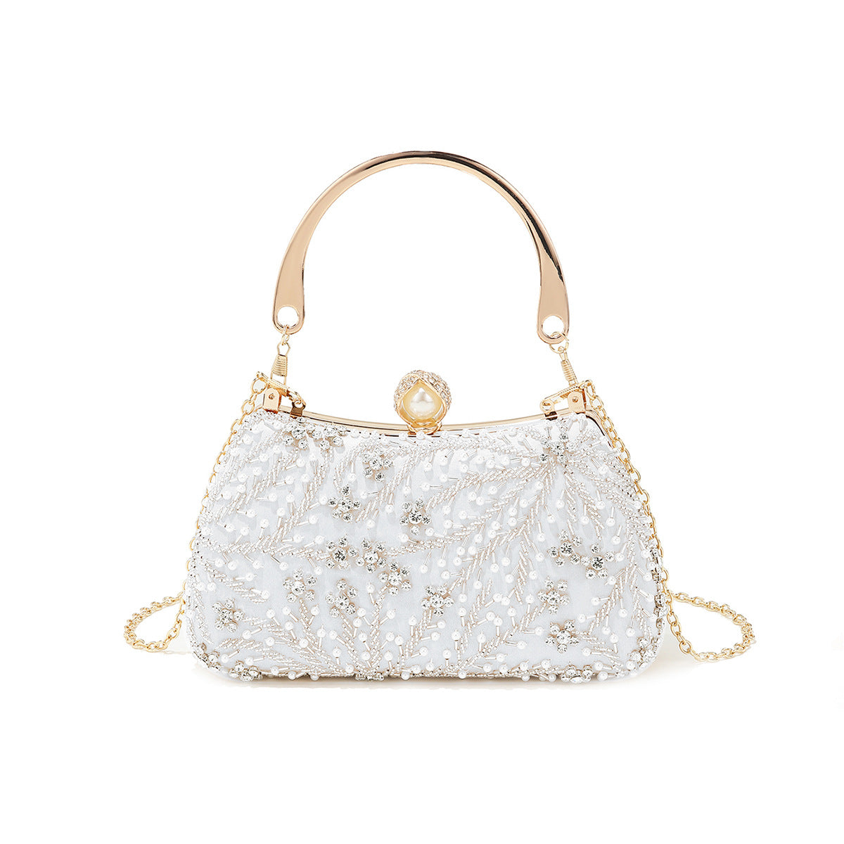 Retro Handmade Pearl Embroidery Stringed Pearls Rhinestone Portable Wedding Evening Bags