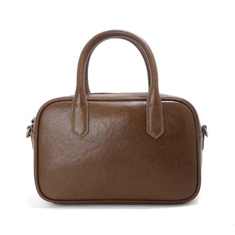 Women's Tanned Leather Cowhide Boston Bowling Retro Black Commuter Handbags