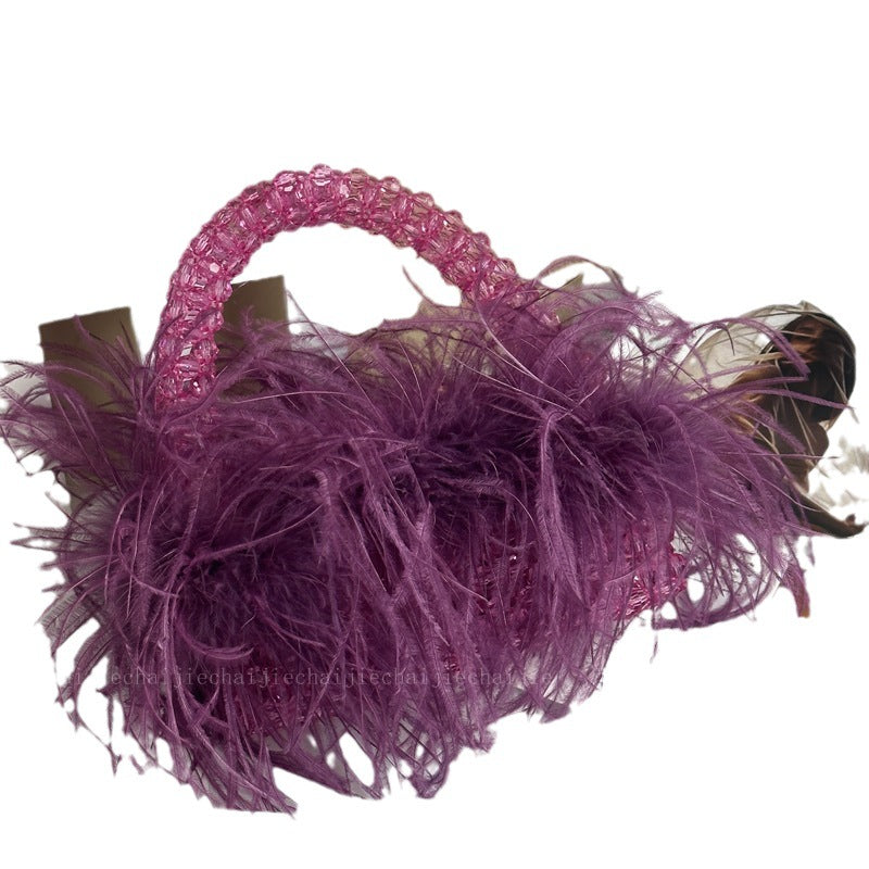 Women's Acrylic Color Ostrich Feather Beaded Birthday Handbags