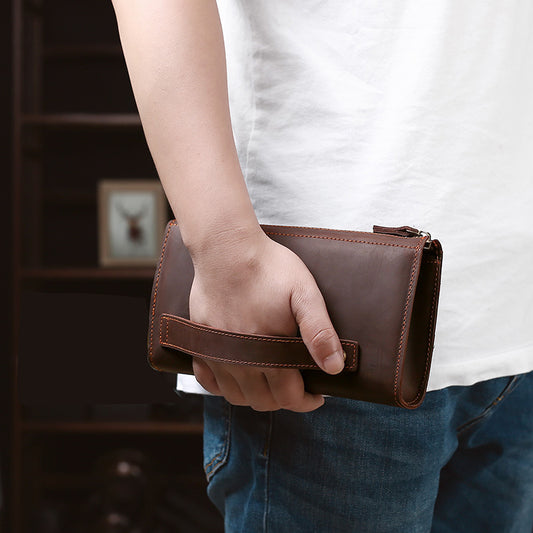 Men's Long Zipper Leather Business Clutch Cowhide Bags
