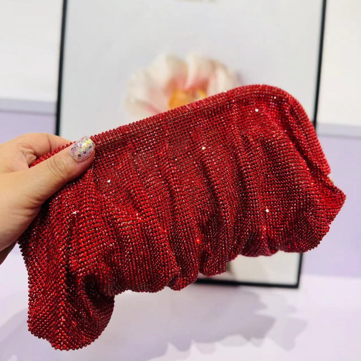 Women's Shiny Diamond Cloud Dumpling Dinner Rhinestone Pleated Evening Bags