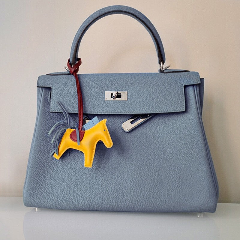 Women's Kelly Cow Leather Litchi Pattern Portable Shoulder Bags