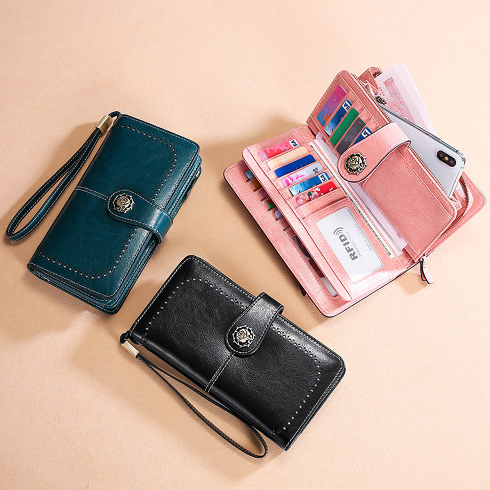 Women's New Leather Oil Wax Long Ladies Wallets