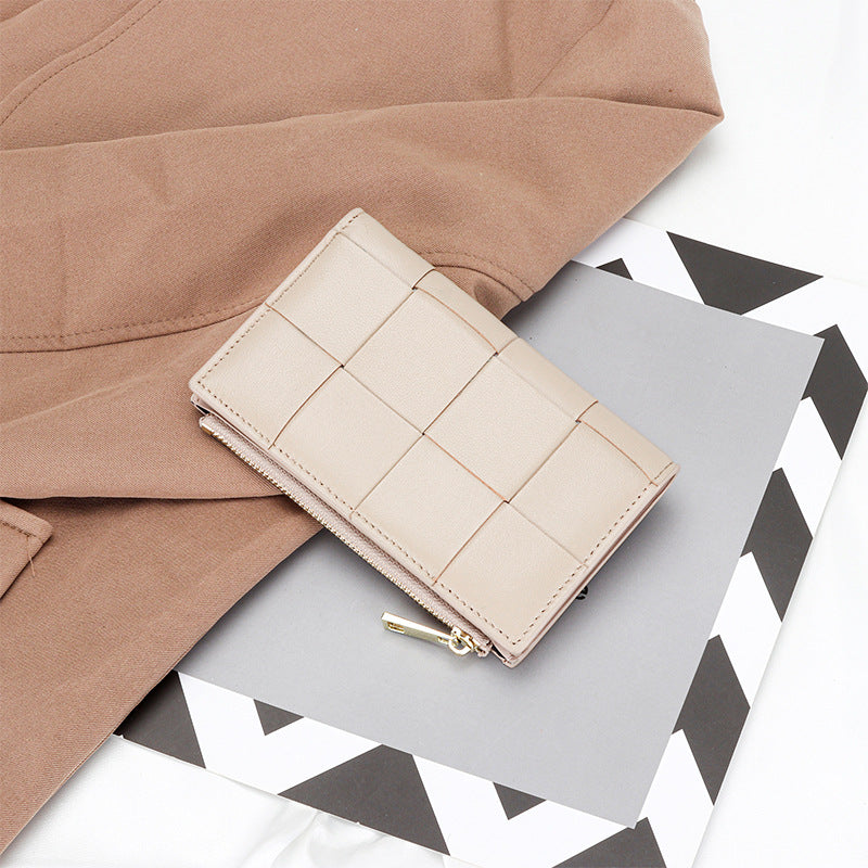 Women's Sheepskin Woven Medium Vertical Leather Multiple Ladies Wallets