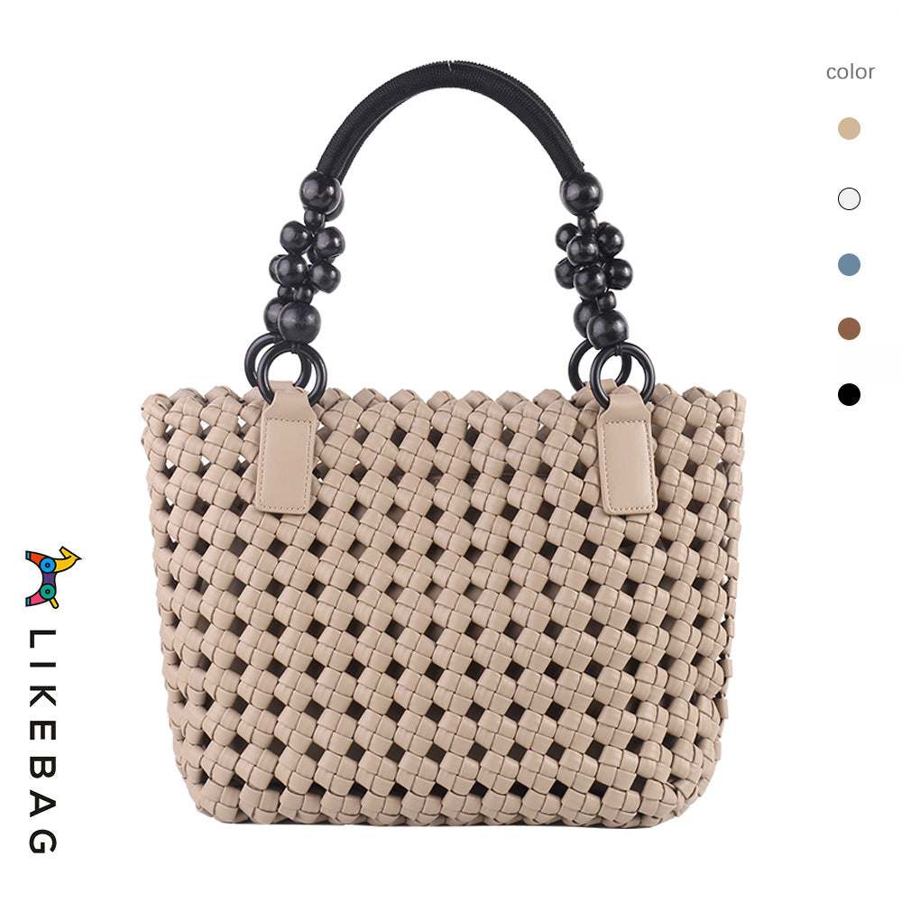 Women's Vegetable Basket Woven Portable Advanced Hollow Wooden Bead Handbags