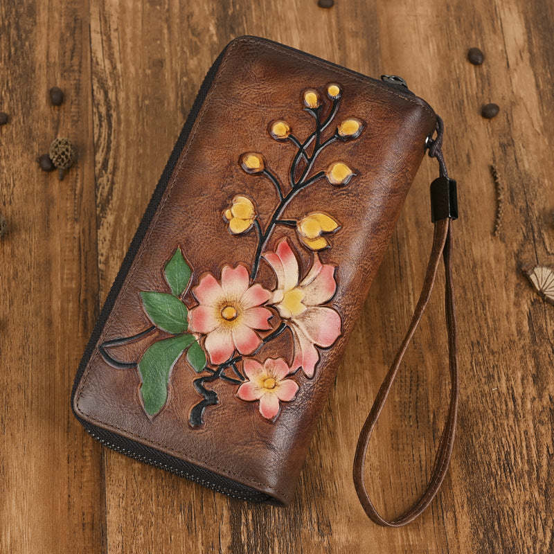 Women's Leather Double Zipper Long Embossed Hand-rub Color Ladies Wallets
