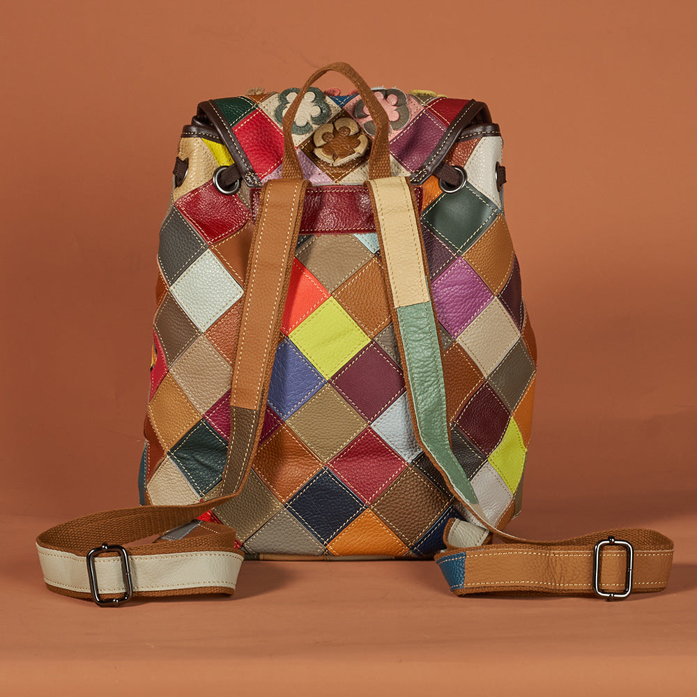 Women's Retro Cow Leather Flower Color Backpacks
