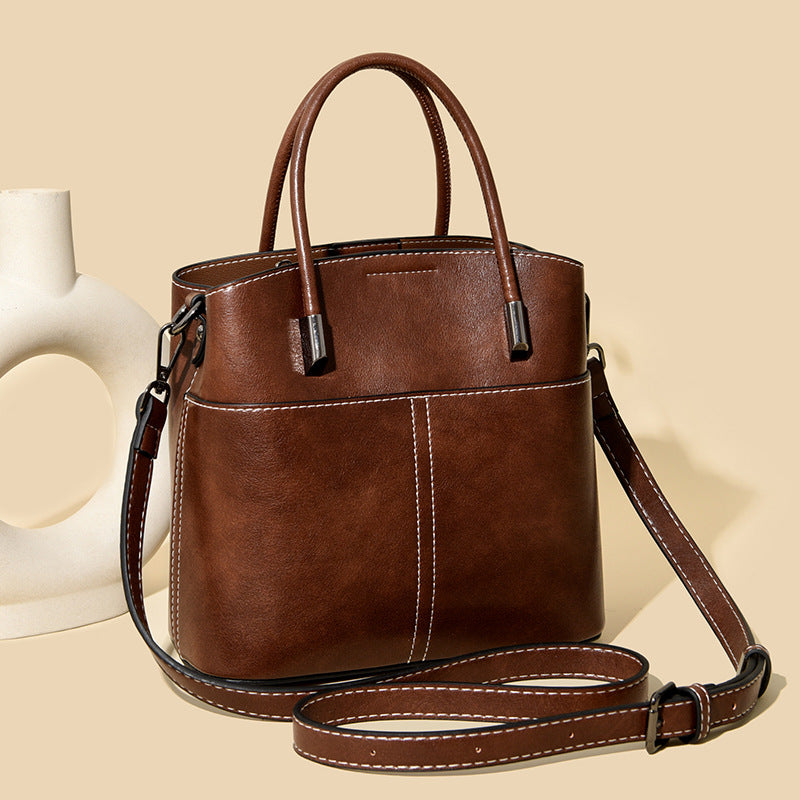 Women's Oil Wax Leather Niche Senior Large Handbags