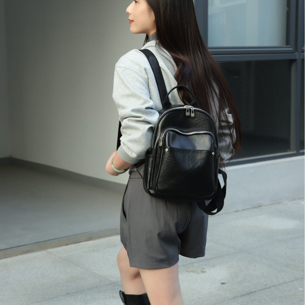 Women's First Layer Leather Flocking Large Backpacks