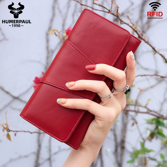Women's Leather Retro Mobile Clutch Swiping Long Ladies Wallets