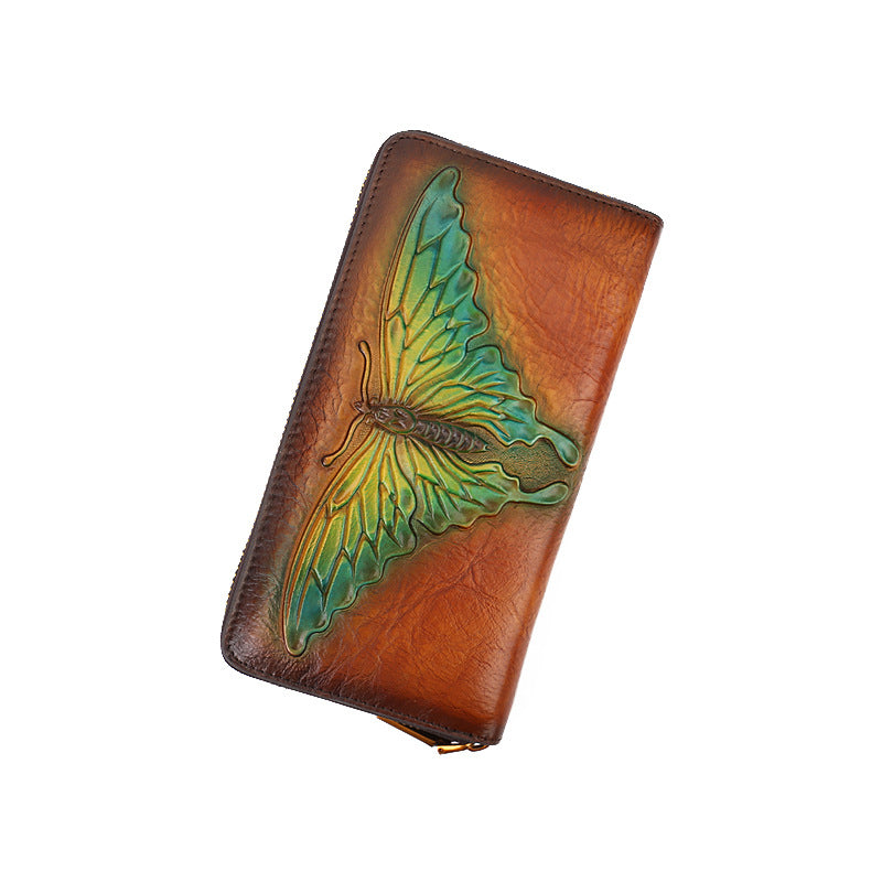 Women's Butterfly Embossed Leather Long Retro Clutch Ladies Wallets