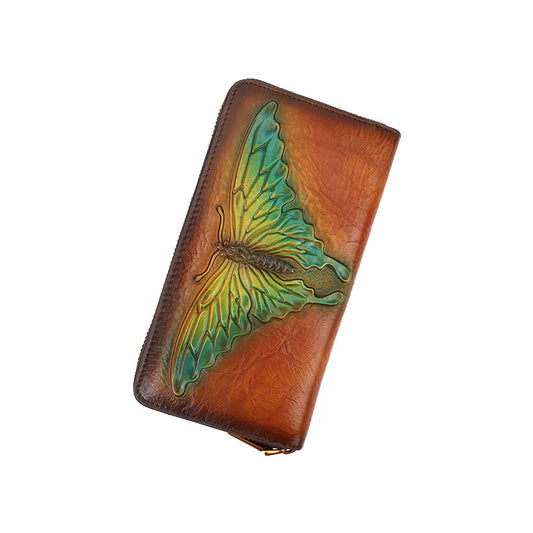 Women's Butterfly Embossed Leather Long Retro Clutch Ladies Wallets