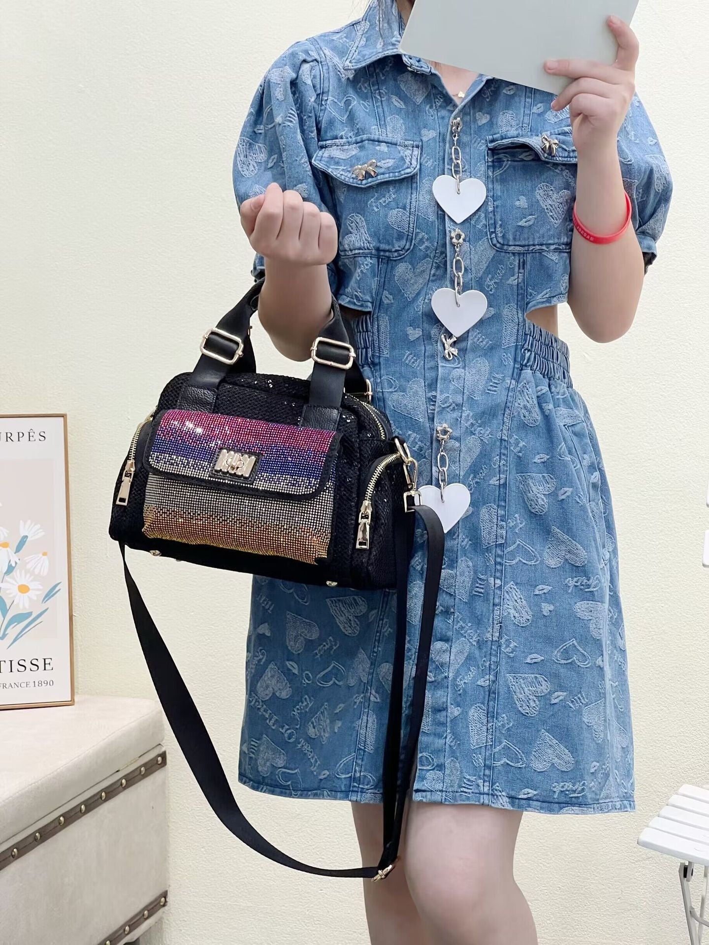 Women's Sequins With Cow Leather Multifunctional Versatile Handbags