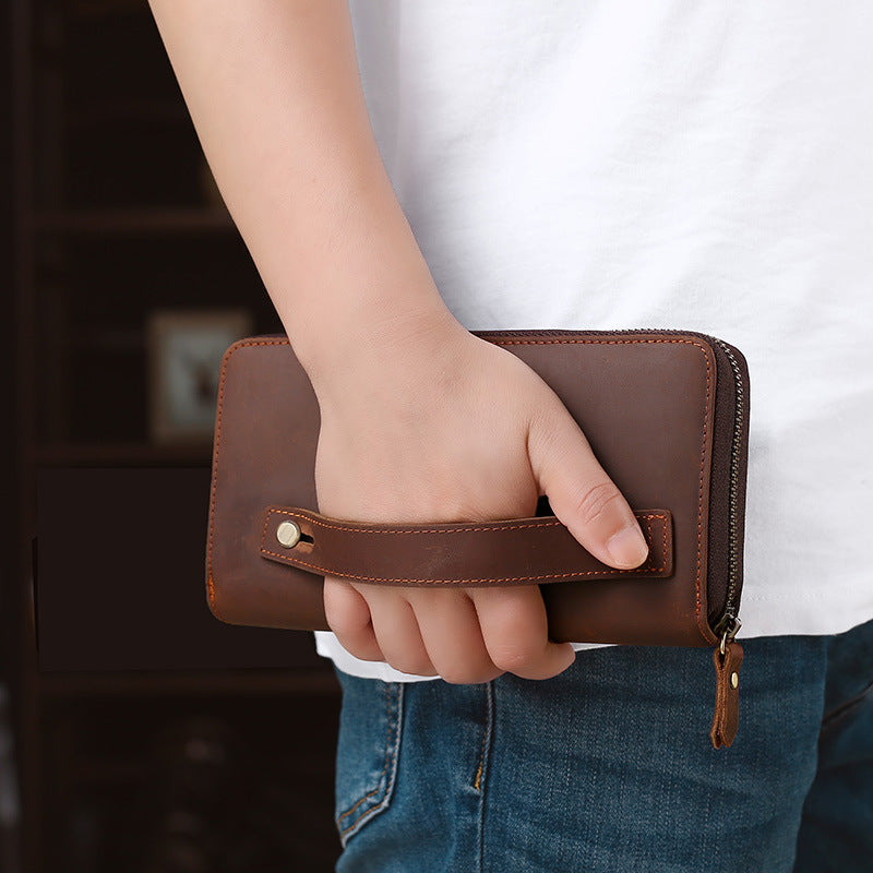 Men's Crazy Horse Leather Clutch Long Genuine Men's Handbags