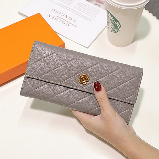 Women's First Layer Cowhide Clutch Long Camellia Ladies Wallets