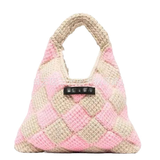 Woolen Yarn Classic Rhombus Hand Chessboard Handmade Handbags